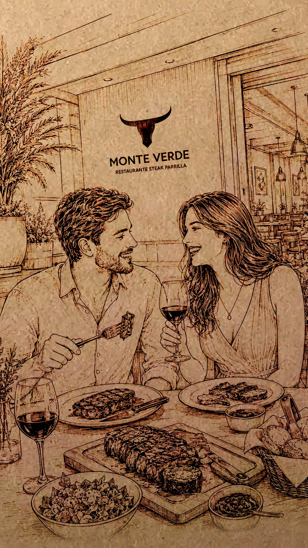 Ilustração a traço de um casal brindando à mesa no salão do Monte Verde